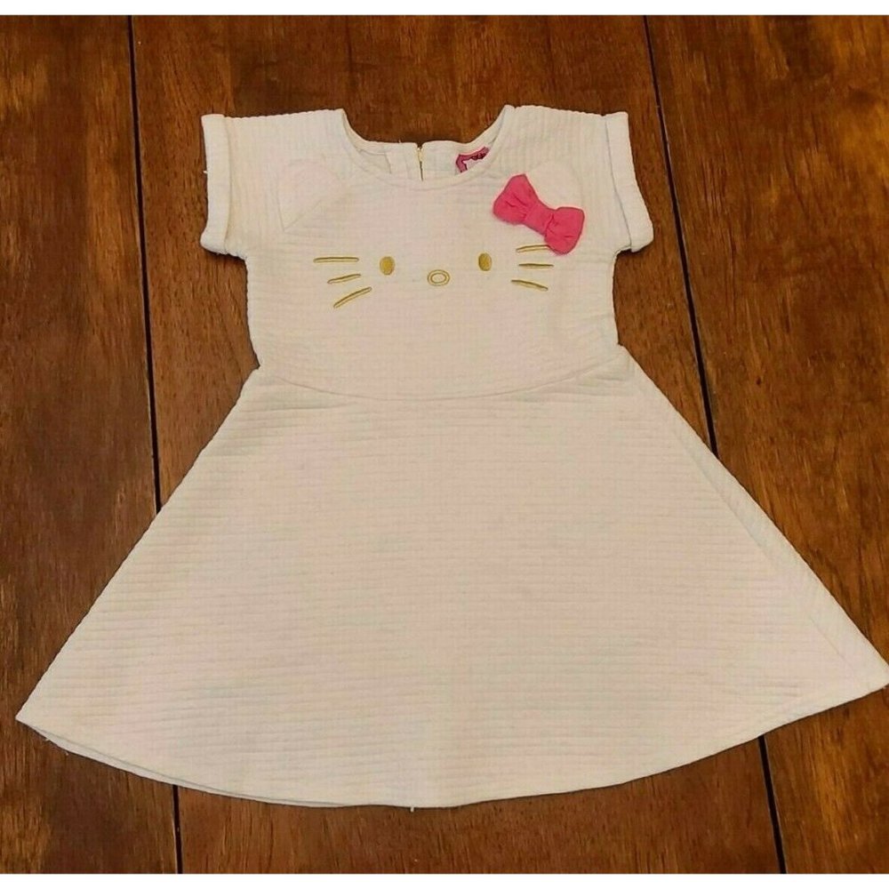 Hello Kitty Girls Ivory Quilted Dress A Line Size 5 Off White Pink Bow